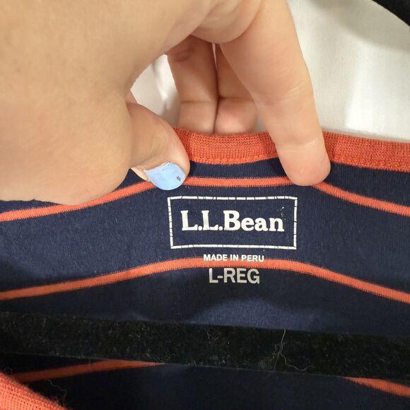LL Bean Blouse Women's Large Blue Red Striped Round Neck 3/4 Sleeve Cotton - Picture 5 of 10